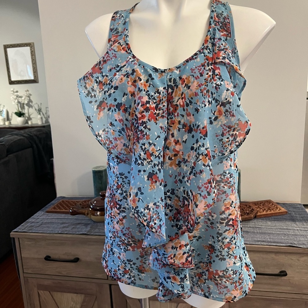 Fashion Web floral semi sheer ruffle front tank